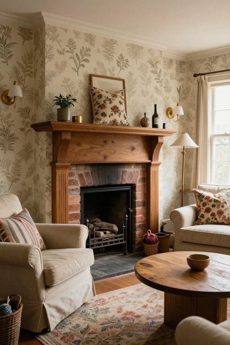 Living room with brick fireplace under wooden mantel, flanked by cream armchairs on a rug, round wooden coffee table, wall sconces with cream shades, floor lamp, potted plants, and leafy wallpaper.