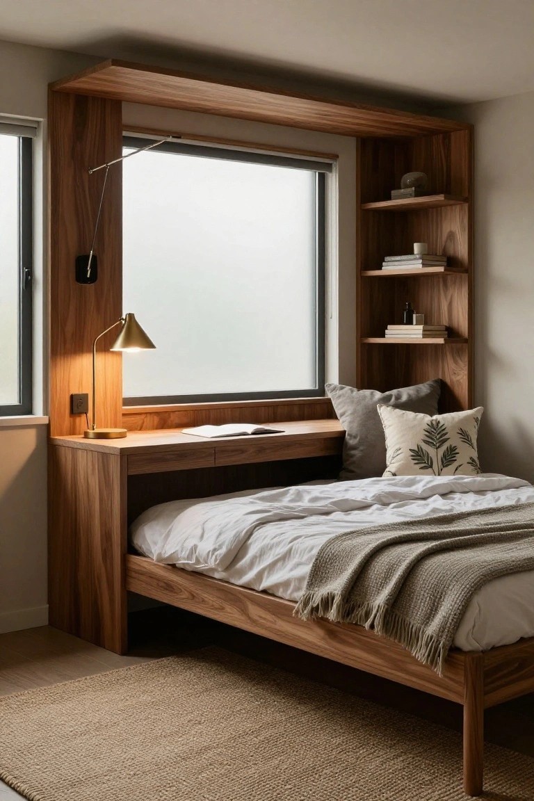 Wooden built-in bedroom furniture with integrated desk and bed next to a large window, lit by two adjustable brass lamps, one wall-mounted and one on the desk, with books on shelves and a throw blanket on the bed.