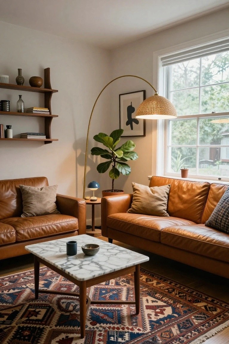 A living room interior featuring tan leather armchairs and sofa around a marble-topped wooden coffee table on a patterned rug, with wooden wall shelves, a fiddle leaf fig plant, an arched floor lamp with rattan shade, a blue table lamp, and large windows letting in natural light.