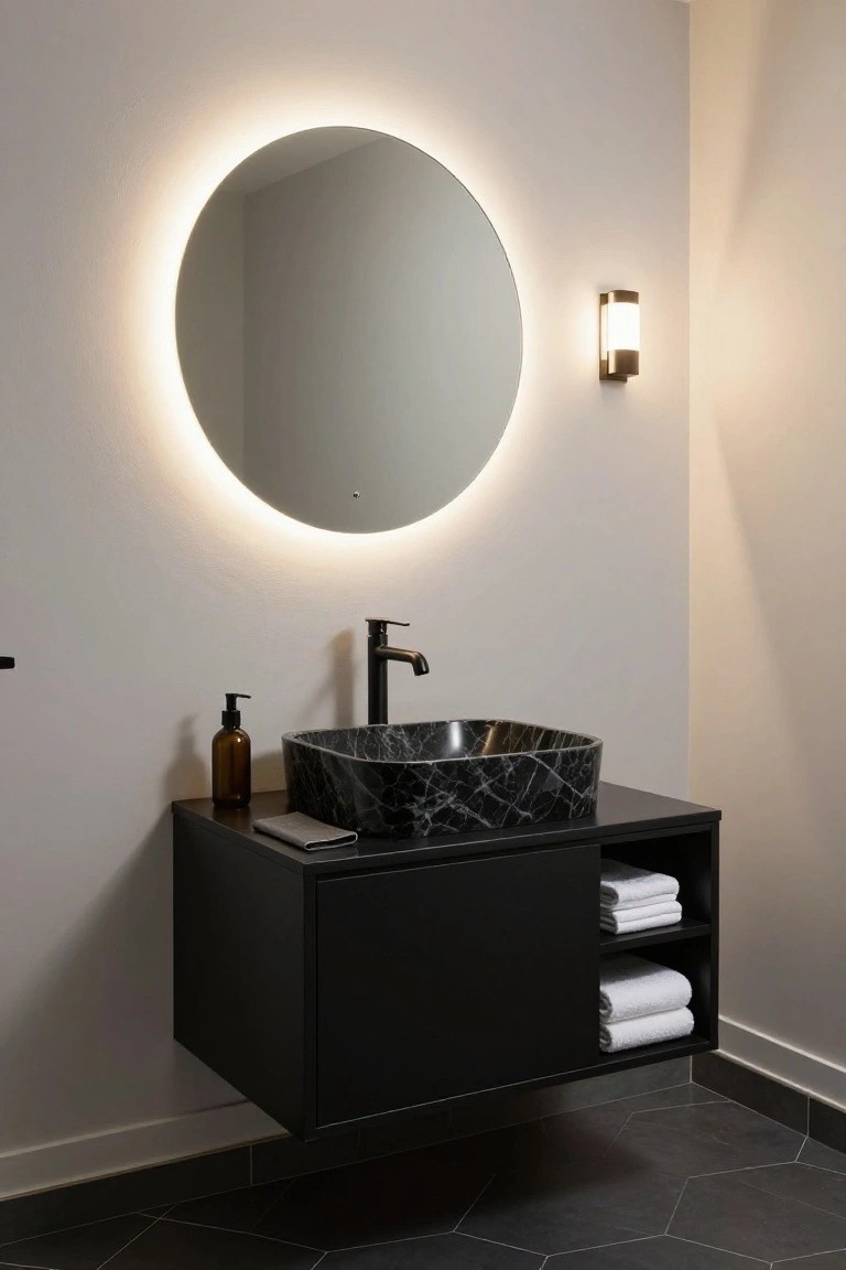 Modern bathroom with floating black vanity cabinet holding a black marble vessel sink, round mirror edged in white LED light, wall-mounted black faucet, amber soap dispenser, folded white towels, and dark hexagonal floor tiles on light walls.