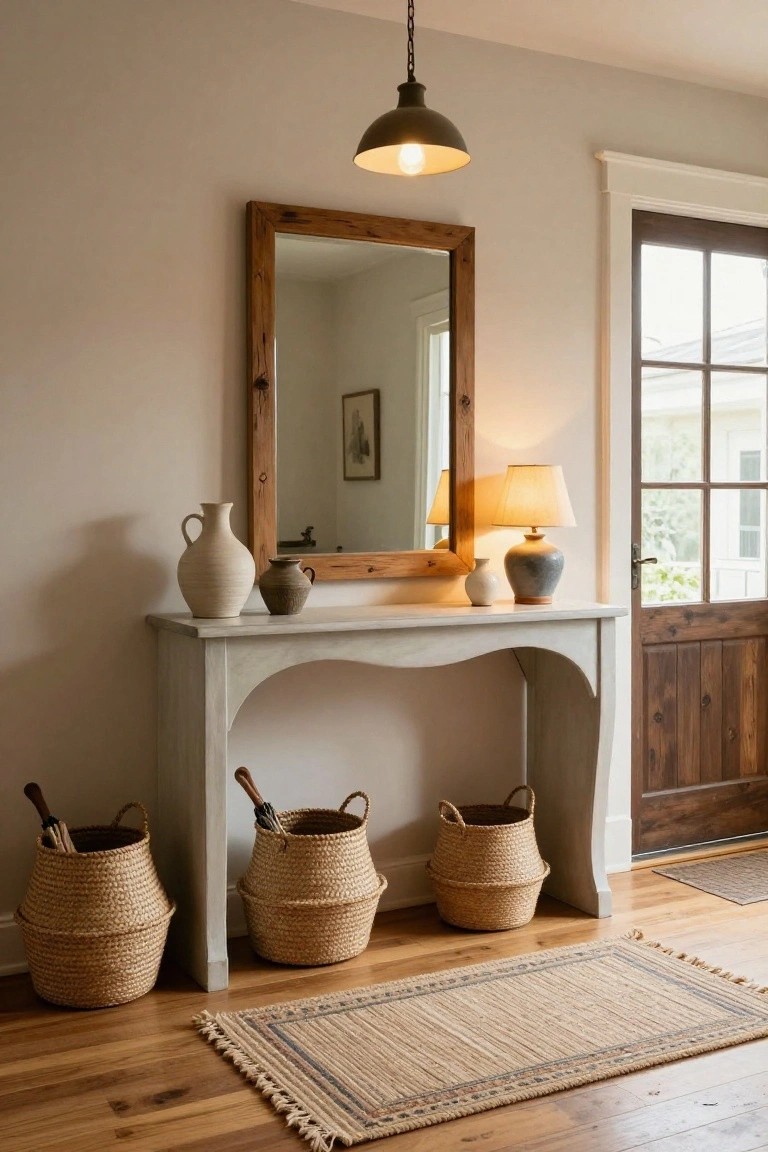 Entryway console table painted gray with arched legs holding a wood-framed mirror, tall vase, small pots, two table lamps, and three seagrass baskets with umbrellas, lit by a hanging black pendant light next to a paneled wooden door on hardwood floors with a striped seagrass runner rug.