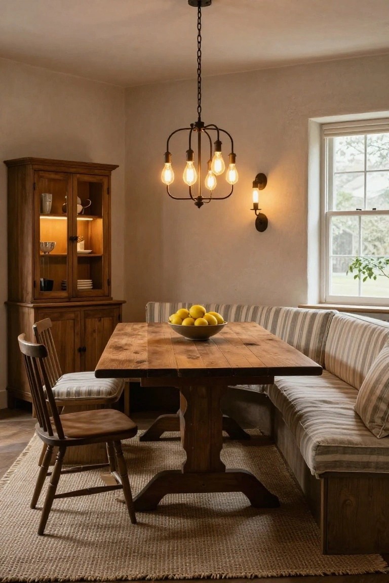 Cozy indoor dining nook with a wooden trestle table holding a bowl of lemons, flanked by a striped fabric bench and wooden chairs, lit by a hanging black metal chandelier with multiple exposed bulbs, beside a lit wooden cabinet and near a window.