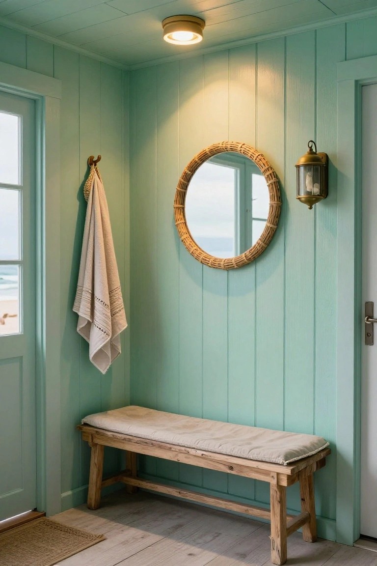 Turquoise shiplap-paneled interior corner with wooden bench and cushion, rattan mirror, hanging towel on hook, glass door to beach view, brass wall lantern, and glowing flush-mount ceiling light.