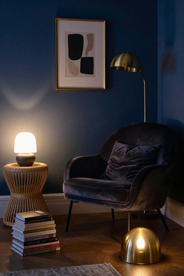 Navy blue corner of an interior room with a velvet armchair, rattan side table holding a white-shaded lamp and stacked books, arched gold floor lamp, dome gold floor lamp, and framed abstract artwork on the wall.