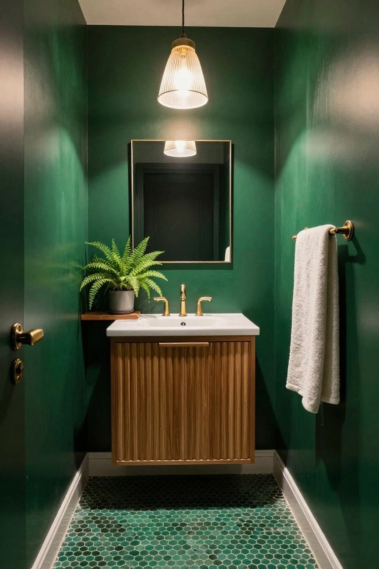 Narrow powder room with emerald green walls and hexagonal green tile floor, featuring a floating slatted wood vanity with white sink and gold faucet, round gold mirror, hanging white glass pendant light, potted fern plant, and white towel on gold bar.