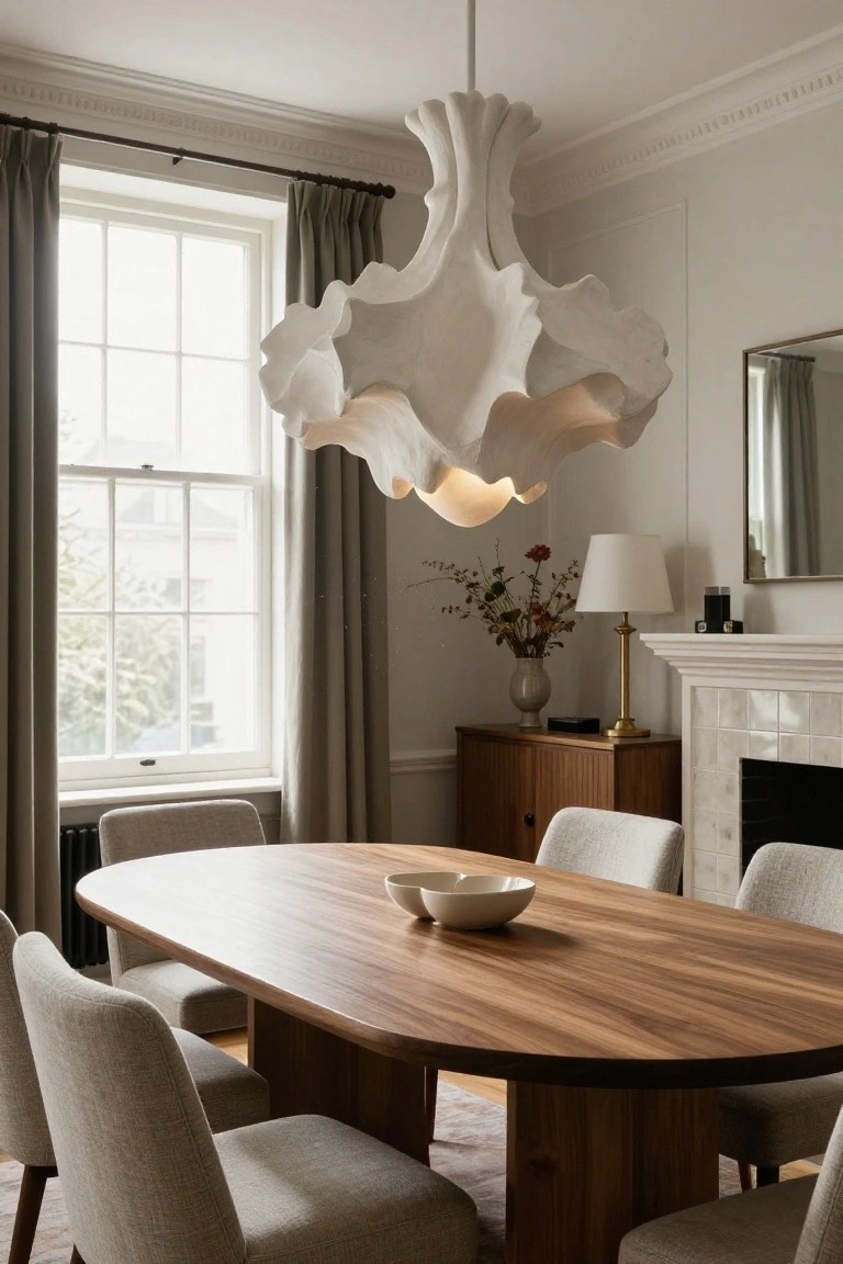 A dining room with a large white sculptural chandelier above an oval wooden table and beige upholstered chairs, gray curtains on sash windows, a tiled fireplace, wooden sideboard, and table lamp.
