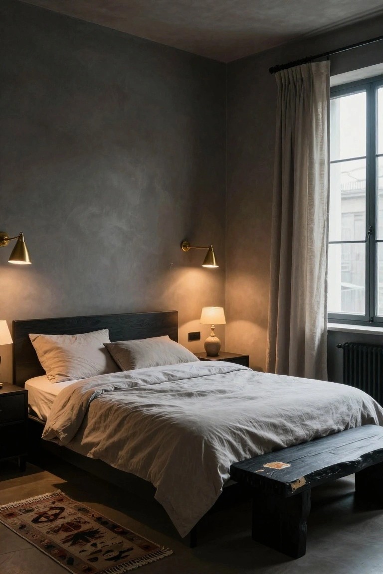 A moody bedroom with dark wood platform bed draped in light gray linens, brass swing-arm wall sconces on textured gray walls, bedside table lamps, a wooden bench at the foot, and a patterned rug on concrete floor.
