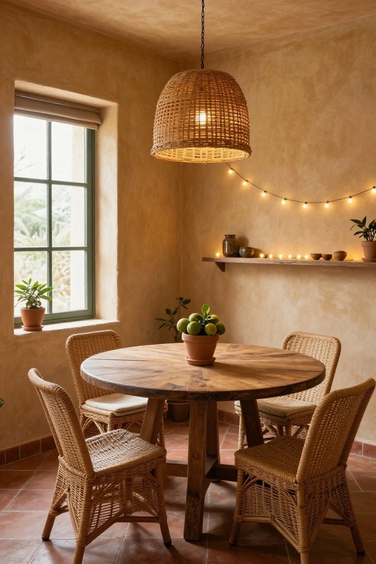 A cozy interior dining corner with beige plaster walls, a large hanging woven pendant lamp over a round wooden table with rattan chairs, string lights on a wall shelf holding pottery and plants, potted greenery, and a green-framed window showing palms outside.
