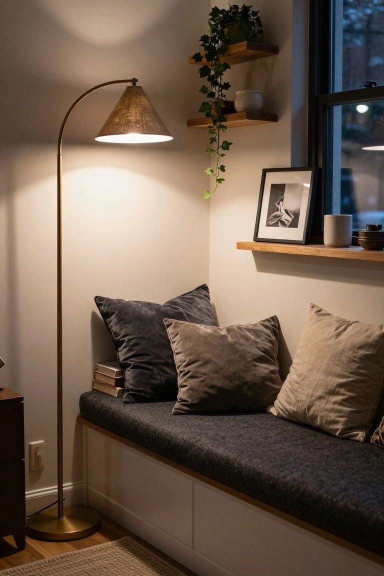 Brass arched floor lamp with fabric shade illuminating a built-in gray bench with assorted pillows under a window, wooden shelves with plants and ceramics nearby in a light-colored room at night.