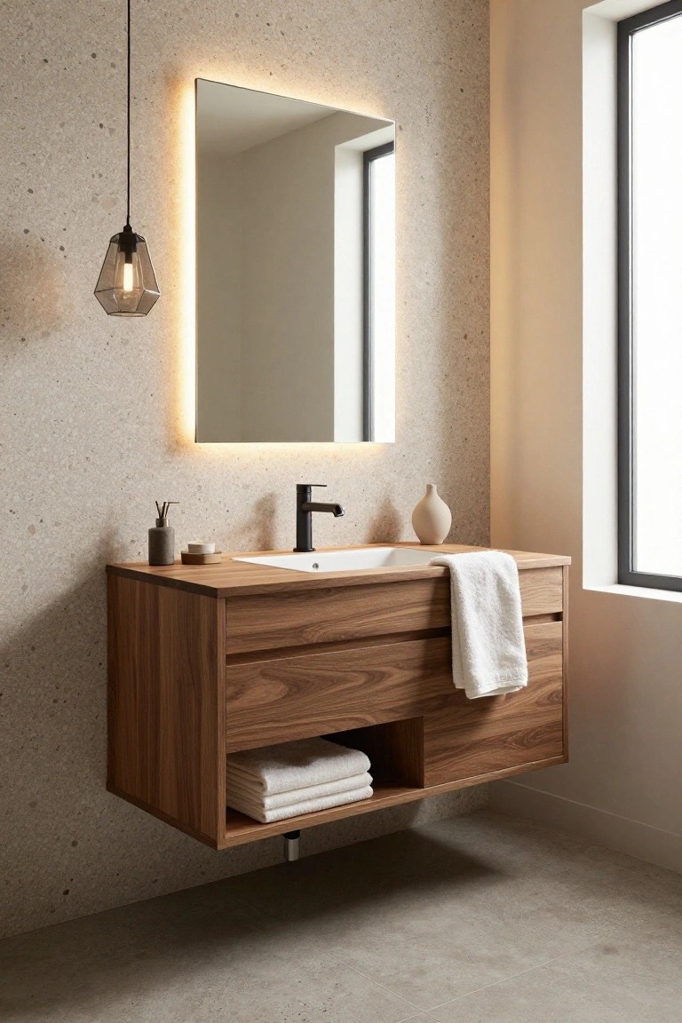 Modern bathroom with floating walnut wood vanity, white sink, black faucet, backlit rectangular mirror, geometric pendant light, folded towels, and beige textured wall beside a window.