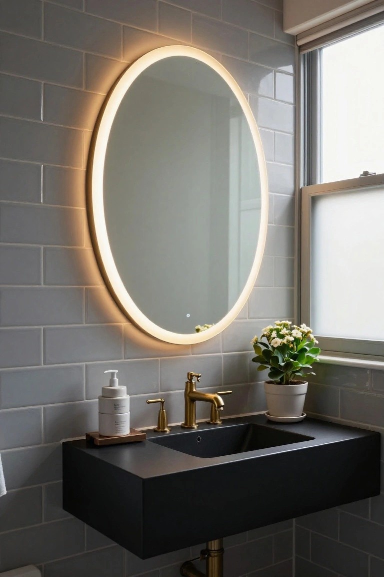 Modern bathroom with gray subway tile walls, large oval mirror with warm LED edge lighting above black floating sink and gold faucet, soap bottles on wood tray, small plant in white pot, and frosted window.