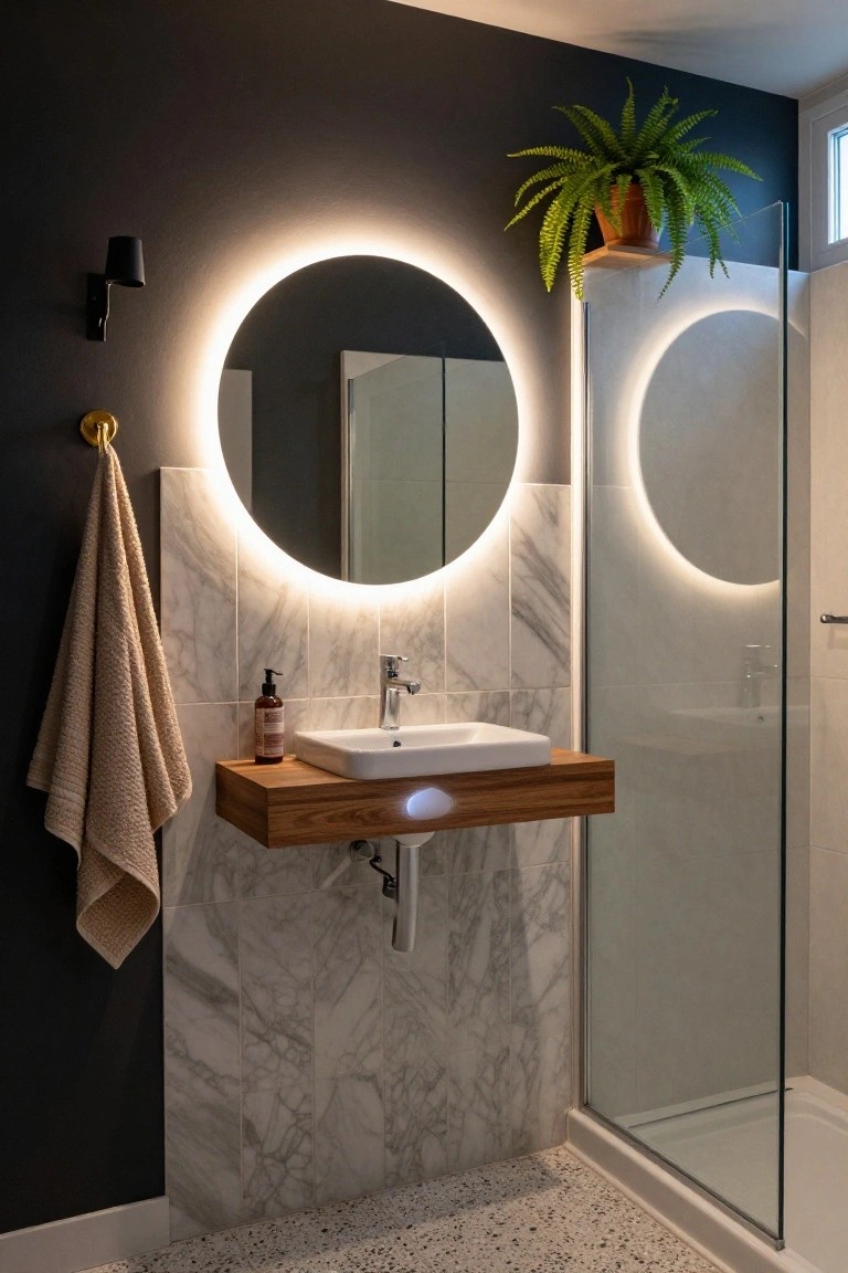 Modern bathroom interior with dark walls, round mirror with LED backlight above wooden floating vanity and sink, marble wall tiles, glass shower enclosure, hanging towel, potted plant, and terrazzo floor.