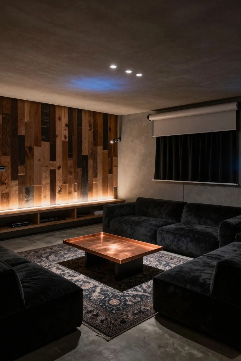 Modern living room featuring black velvet L-shaped sofas around a copper coffee table on a patterned rug, with a backlit vertical wood plank wall, recessed ceiling lights, projector screen, and black curtains.