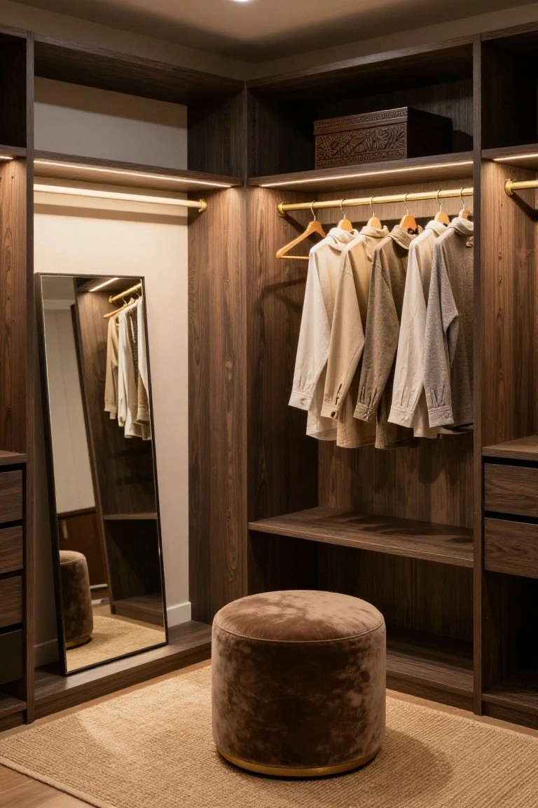 Corner walk-in closet with dark wood cabinets, open shelves holding a wooden box, hanging neutral-colored shirts and sweaters on gold rods, full-length mirror, brown velvet ottoman, beige rug, and integrated LED strip lighting along shelf edges.
