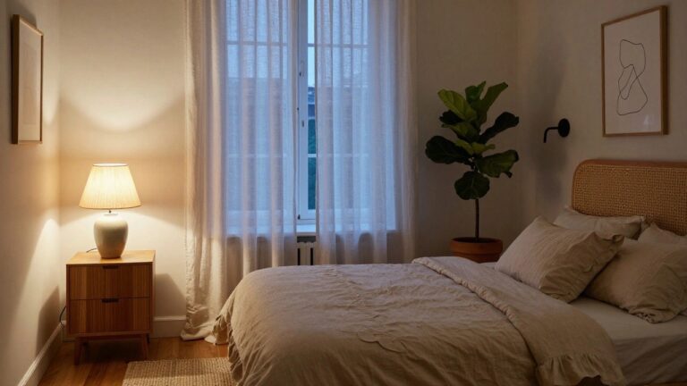 Bedroom corner with rattan bed frame, beige rumpled linens, wooden nightstand holding white ceramic lamp with fabric shade, black wall sconce, large potted fiddle leaf fig, sheer curtains over dark-framed window, and warm lamp light at dusk.