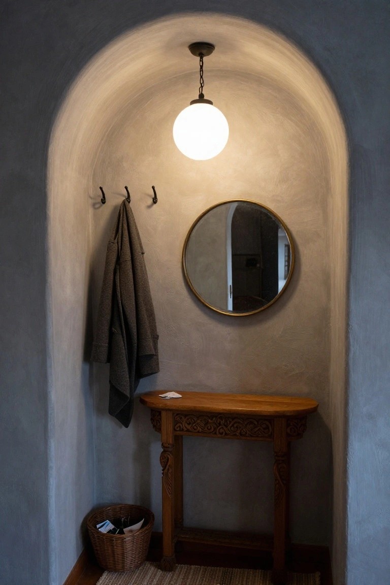 Arched plaster wall niche with hanging white globe pendant light, gold round mirror, carved wood console table, coat hooks holding a gray coat, and wicker basket on the floor beside a seagrass rug.