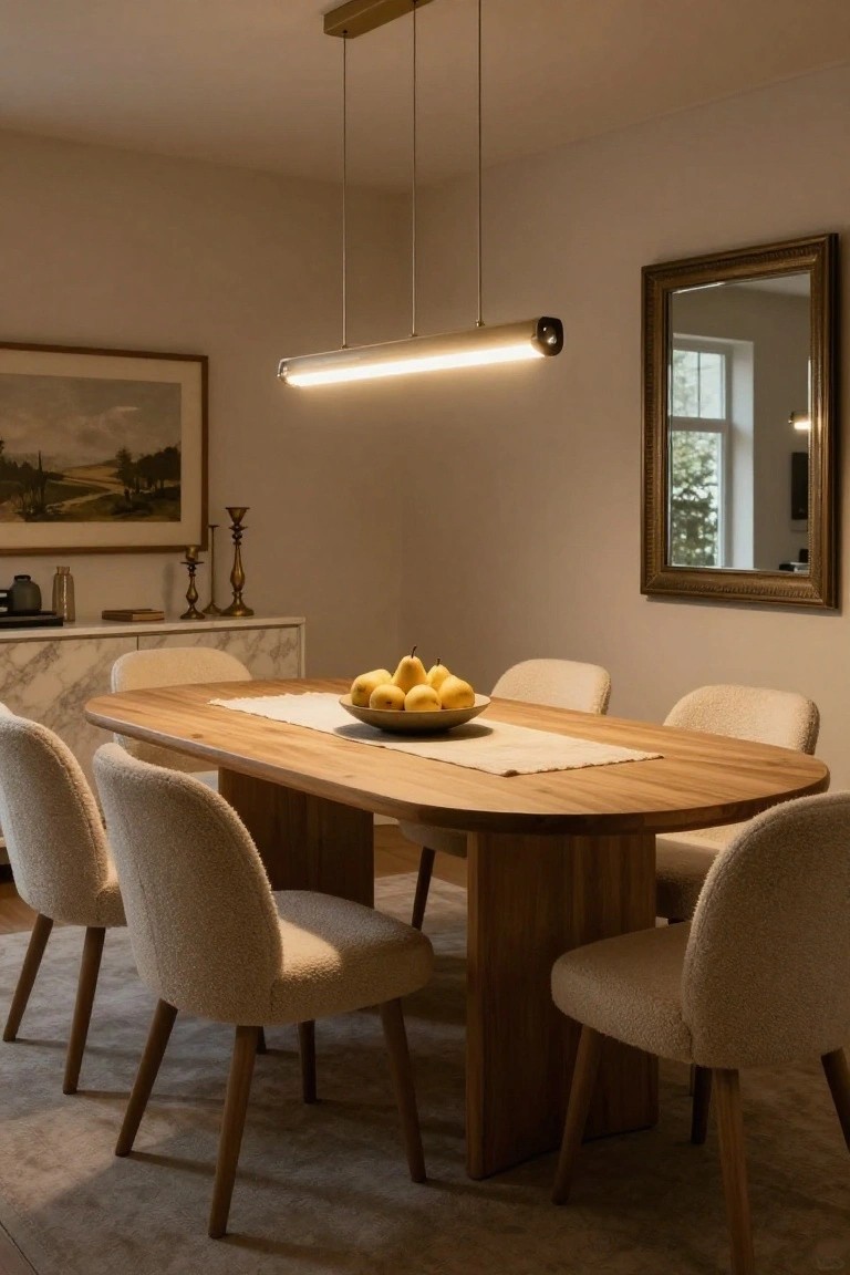 Oval wooden dining table with cream boucle chairs, linear tubular pendant light overhead, bowl of yellow pears on a white runner, marble-top sideboard with brass candlesticks, gold-framed mirror, and landscape painting in a beige-walled room.