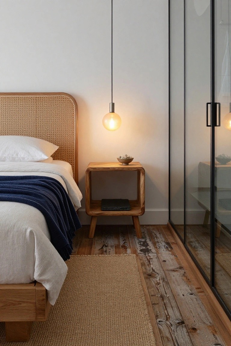 Bedroom with rattan headboard on wooden bed frame, white sheets and navy throw blanket, wooden nightstand with ceramic bowl and black tablet under hanging exposed-bulb pendant light, beside black-framed glass doors on worn wooden floors with seagrass rug.