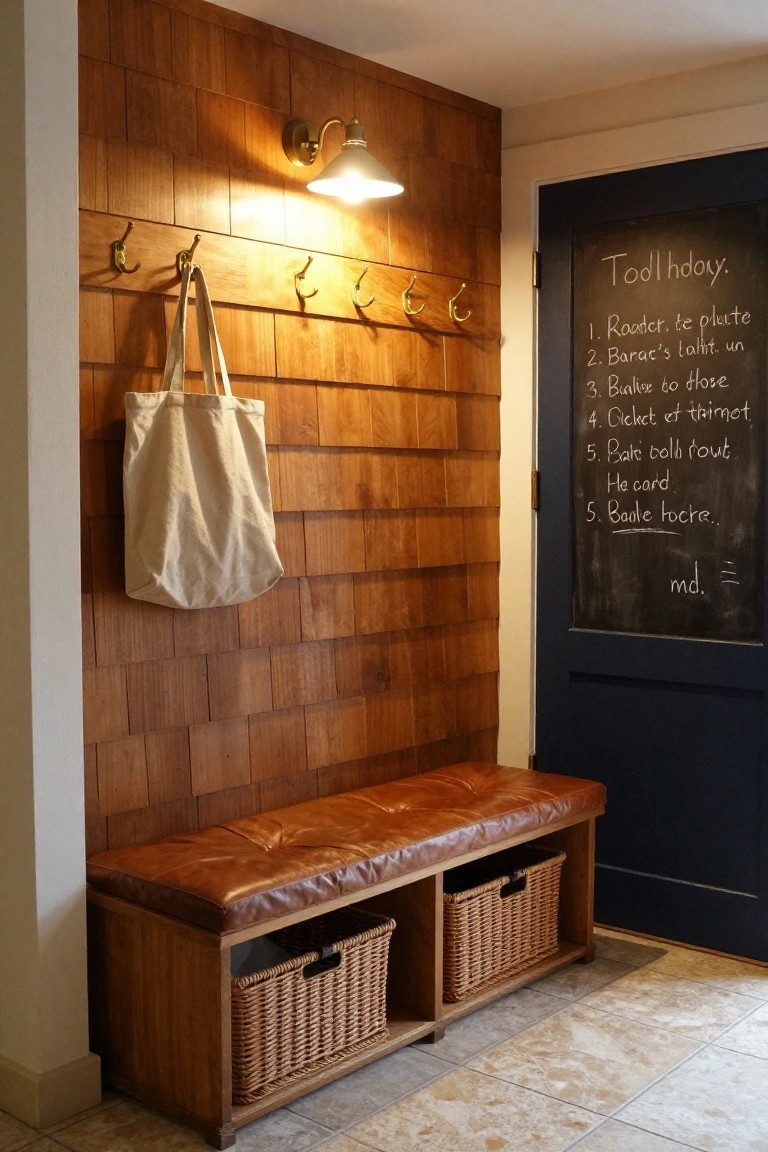 Wood-paneled entryway wall with brass hooks holding a canvas tote bag, lit wall sconce above, leather bench with wicker baskets below, and black door with chalkboard to-do list.