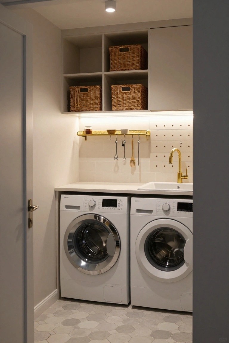 Compact white laundry room with two front-loading washers, white countertop sink with gold faucet, open wood shelves holding wicker baskets, gold peg rail on tiled backsplash, and under-cabinet LED strip lighting.