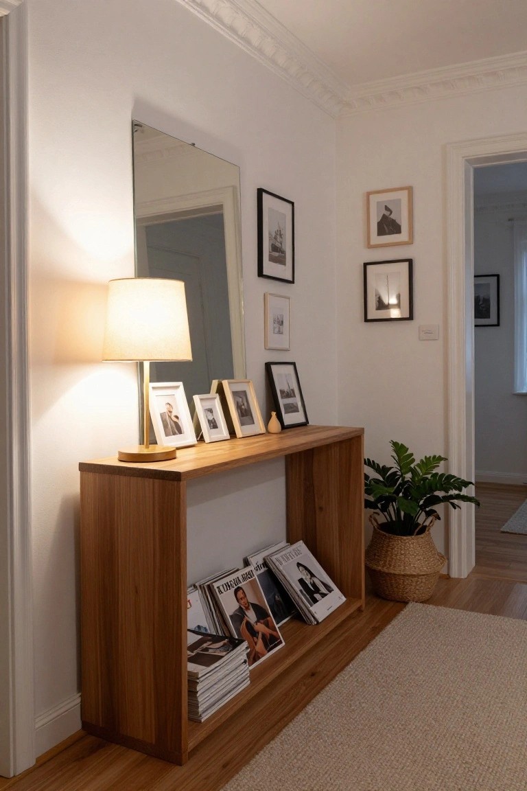 White hallway corner with wooden console table holding stacked magazines, photo frames, a lit table lamp with fabric shade, and a potted plant in a basket, beside a large mirror and wall art.