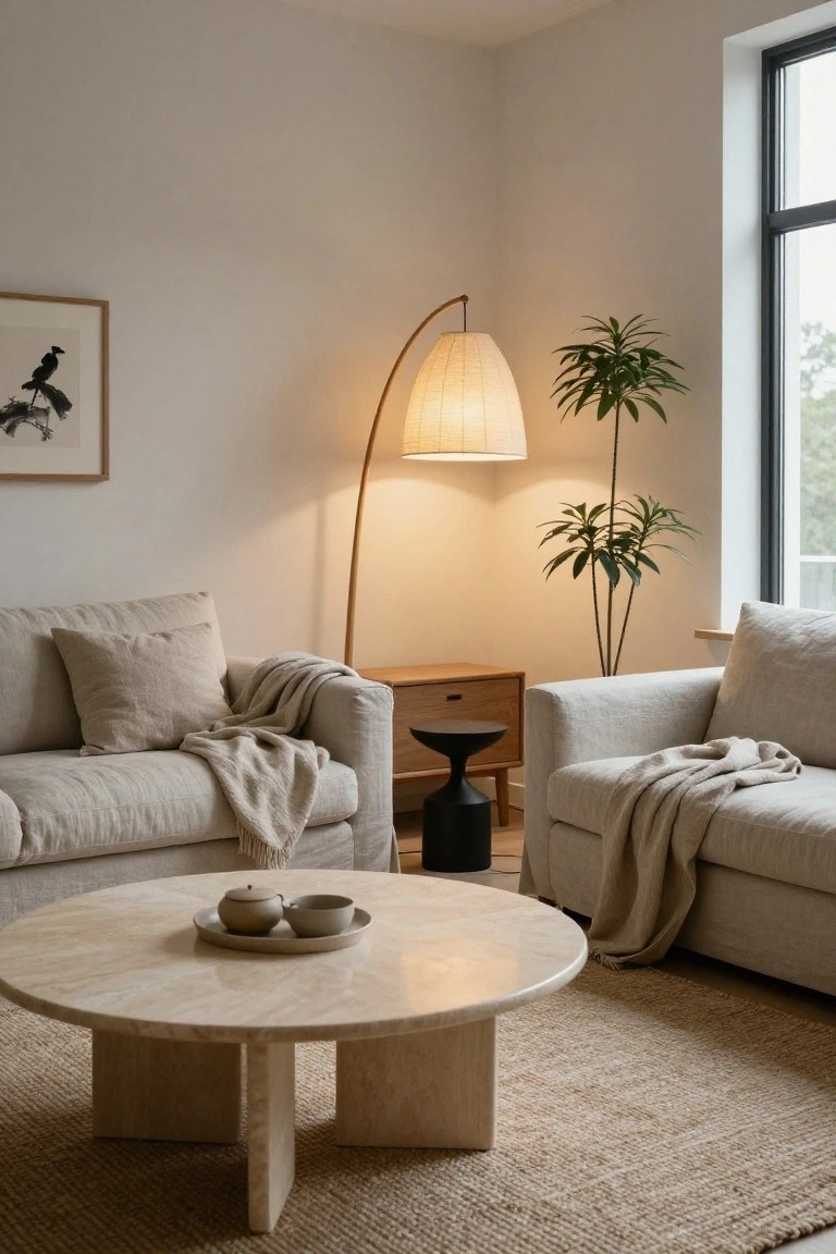 Beige living room corner with two linen-covered sofas draped in throws, round travertine coffee table holding teacups, arched floor lamp with white fabric shade, wooden side table with black stool, potted plants, and framed ink artwork on white wall.
