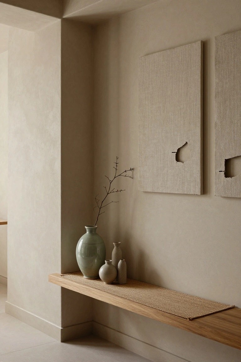 Corner of a beige interior room featuring two textured white art panels with cutouts on the wall, a wooden floating shelf with a seagrass runner holding a tall green celadon vase with a branch, two small beige vases, and one small white vase.