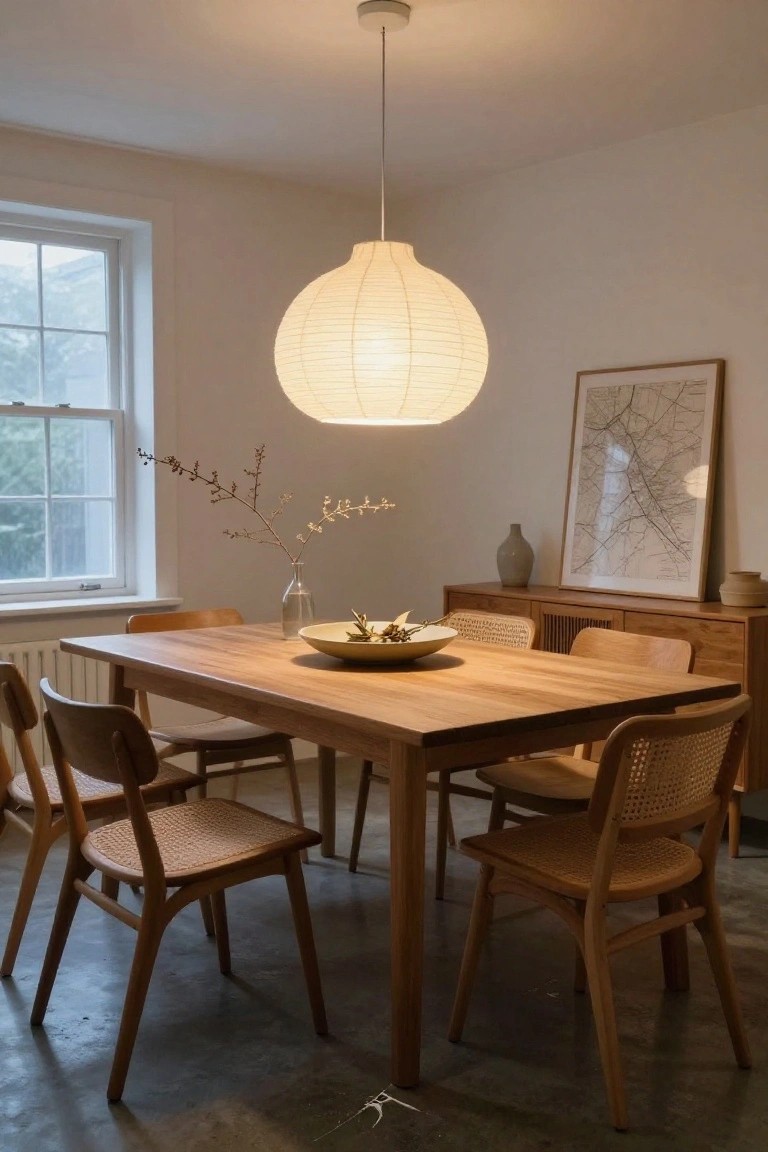 Dining room with rectangular wooden table and four chairs, large white paper lantern pendant light overhead, wooden sideboard, vase of branches, and window in corner room with light wood floors.
