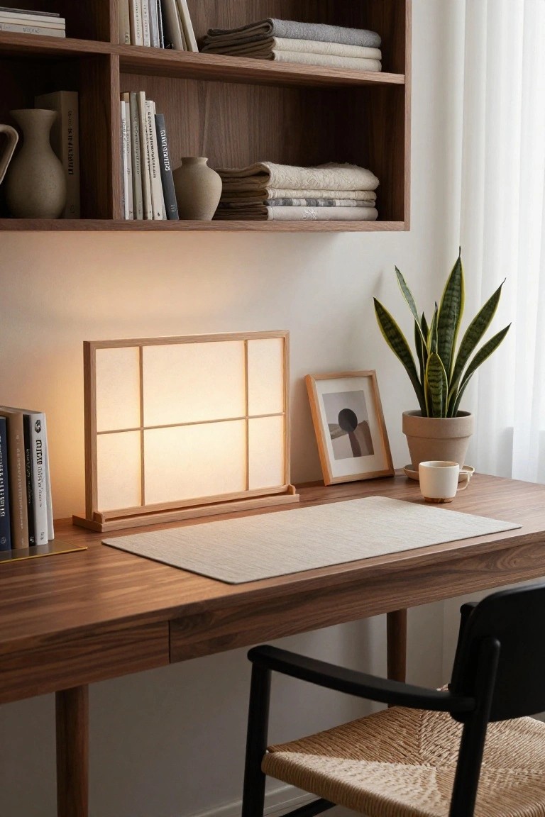 Wooden desk in a light room with glowing shoji-style lamp, books, snake plant in pot, framed photo, coffee cup, and wooden shelves above holding books, vases, and folded textiles.