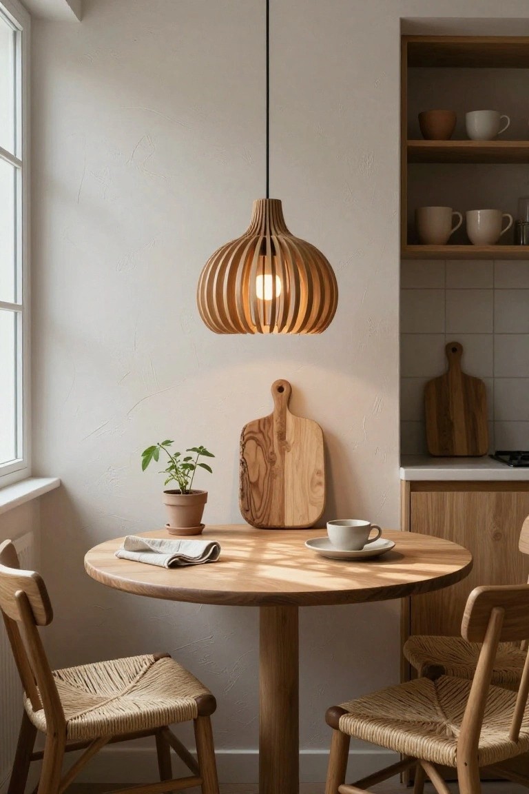 Cozy indoor kitchen nook with round wooden table, two rattan-woven chairs, potted plant, teacup on saucer, wooden cutting boards on wall, and slatted wooden pendant lamp hanging centered above the table.