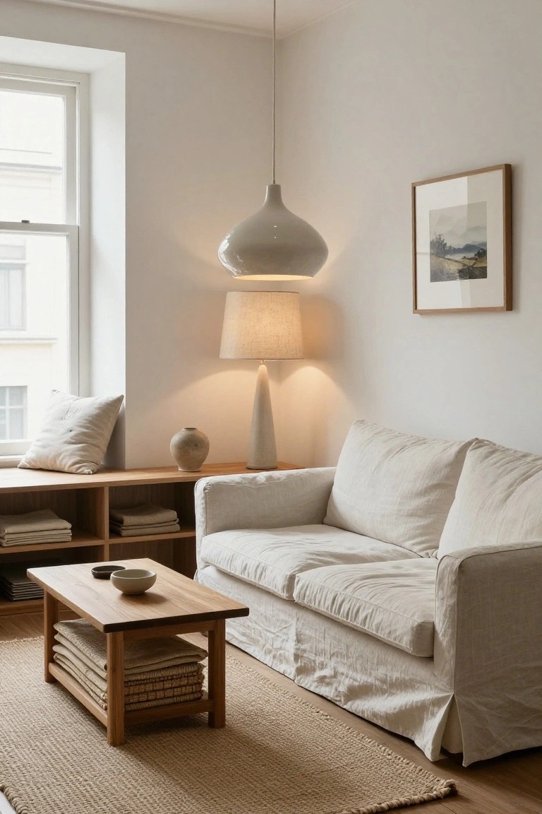 Cozy living room corner with white linen sofa, low wooden coffee table, tall tapered white ceramic floor lamp with linen shade, white pendant lamp overhead, built-in wooden shelves, and neutral toned accessories by a large window.