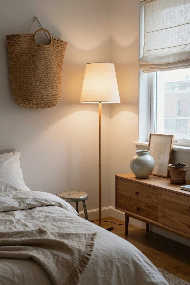 Bedroom corner with unmade bed draped in white linens, wooden low dresser holding a gray vase and potted plant, tall wooden floor lamp with white fabric shade, wicker basket on wall, and window covered by rolled linen blinds.
