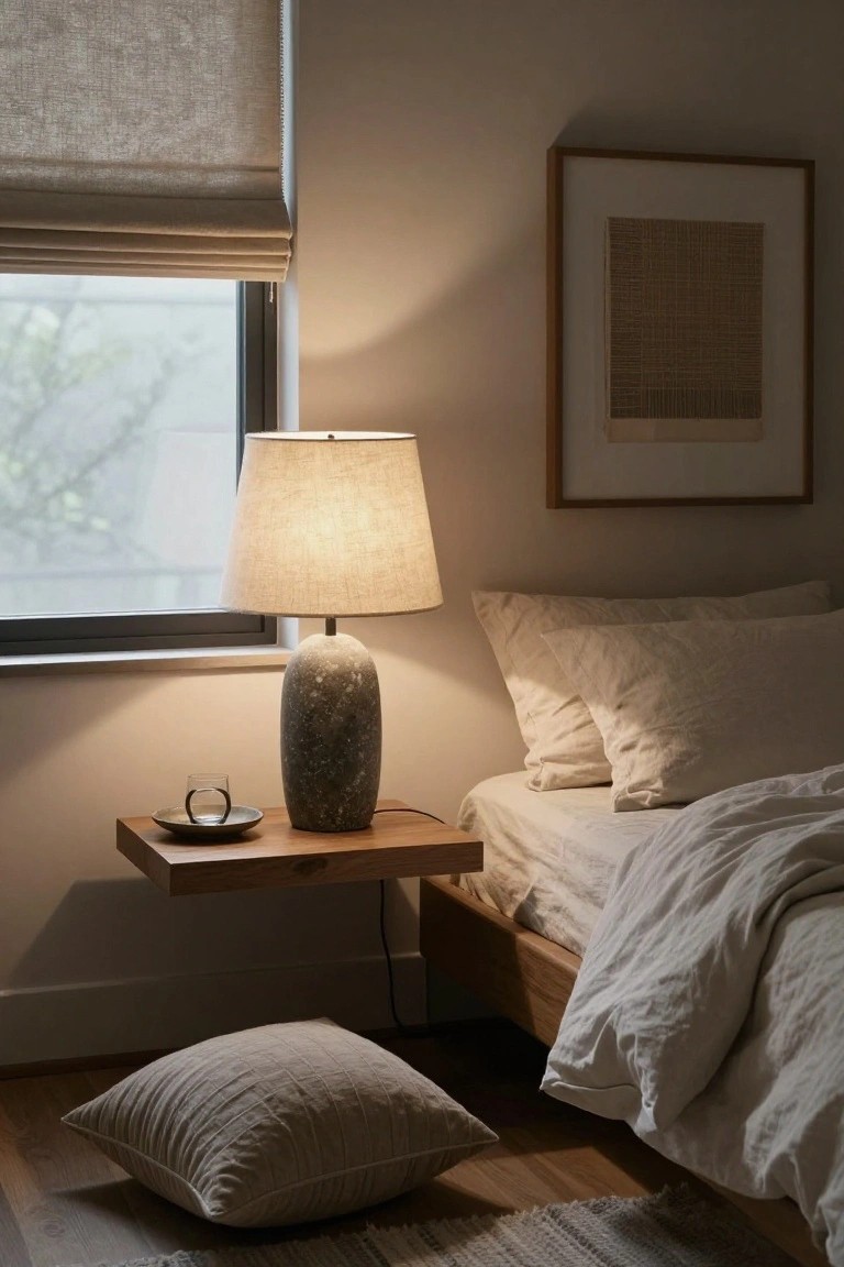 Bedroom corner with low wooden bed draped in white linens, floating wooden nightstand holding textured gray stone table lamp and glass on saucer, beside window with beige roman shade and floor pillow on wood floor.