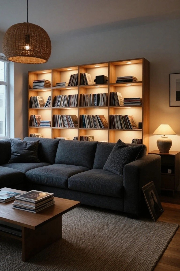 Living room corner with tall wooden bookshelves illuminated from behind, filled with books and vinyl records, gray sectional sofa, wooden coffee table with stacked magazines, woven pendant lamp overhead, and ceramic table lamp on a side table.