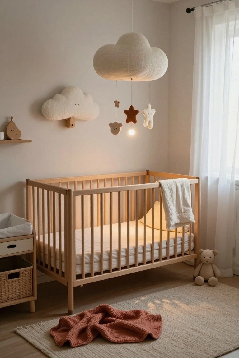 A minimalist nursery room with a birch wood crib, large white fabric cloud pendant lamp hanging from the ceiling, wall-mounted white cloud, wooden shelf with pear decoration, glowing mobile, teddy bear, and beige rug on light wood floor.