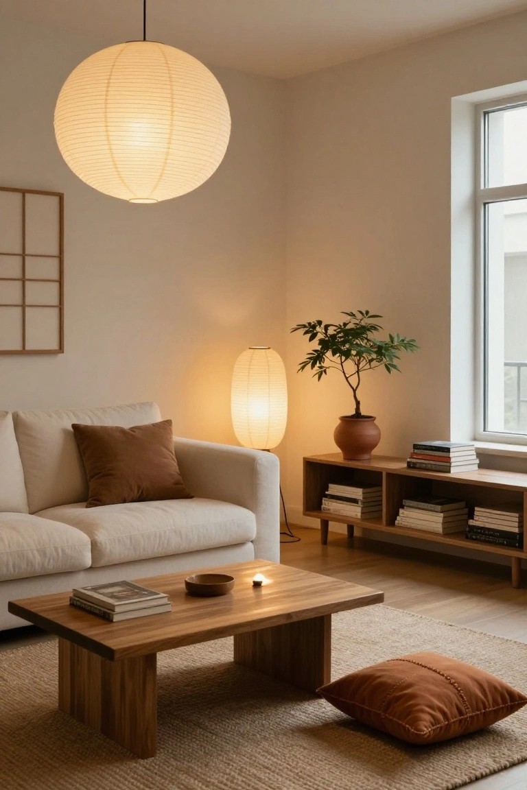 A cozy living room corner with a large white paper lantern hanging from the ceiling, a tall white paper floor lamp beside a cream sofa with brown pillows, wooden coffee table with books, wooden bookshelves with stacked books, potted plant in terracotta pot, and a large window.
