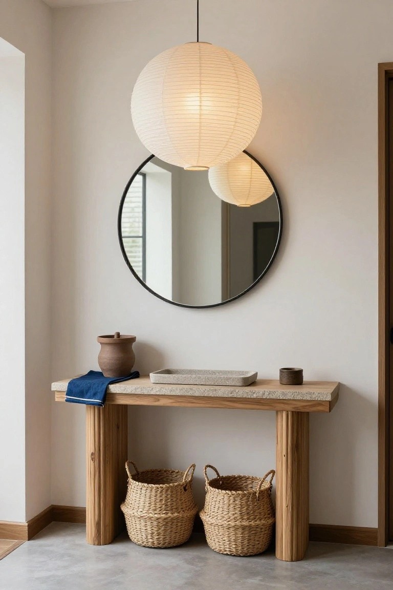 Minimalist entryway with wooden console table holding stone tray, pottery jar, blue cloth, and small cup, flanked by two woven seagrass baskets on thick legs, under large white paper lantern pendant light, next to round black-framed mirror on white wall with polished concrete floor.