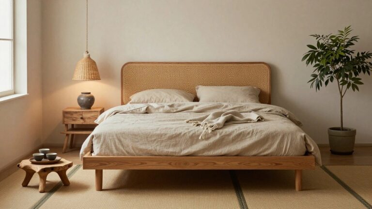 A Japandi bedroom with wooden platform bed, rattan headboard and pendant lamp, beige linens and throw, wooden nightstand with vase, tall potted plant by sheer-curtained window, seagrass rug, and wooden tray with teacups on floor.
