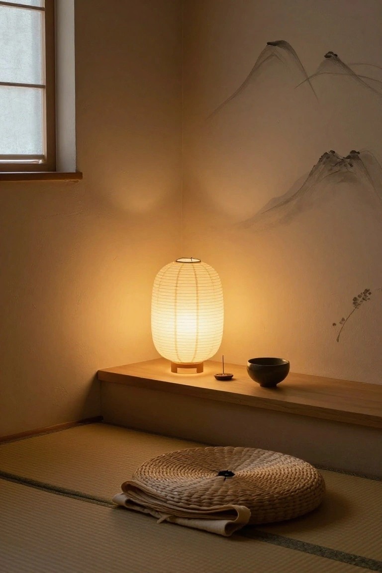 Corner of a tatami-floored room with beige walls, shoji window, ink mountain painting, wooden shelf holding a lit cylindrical paper lantern, incense holder, black bowl, and woven cushion on the floor.