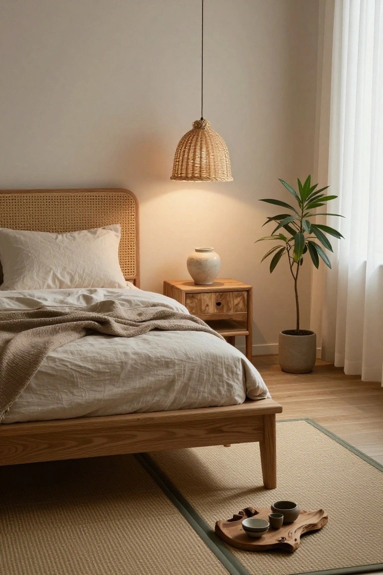 A Japandi bedroom with wooden platform bed, rattan headboard and pendant lamp, beige linens and throw, wooden nightstand with vase, tall potted plant by sheer-curtained window, seagrass rug, and wooden tray with teacups on floor.