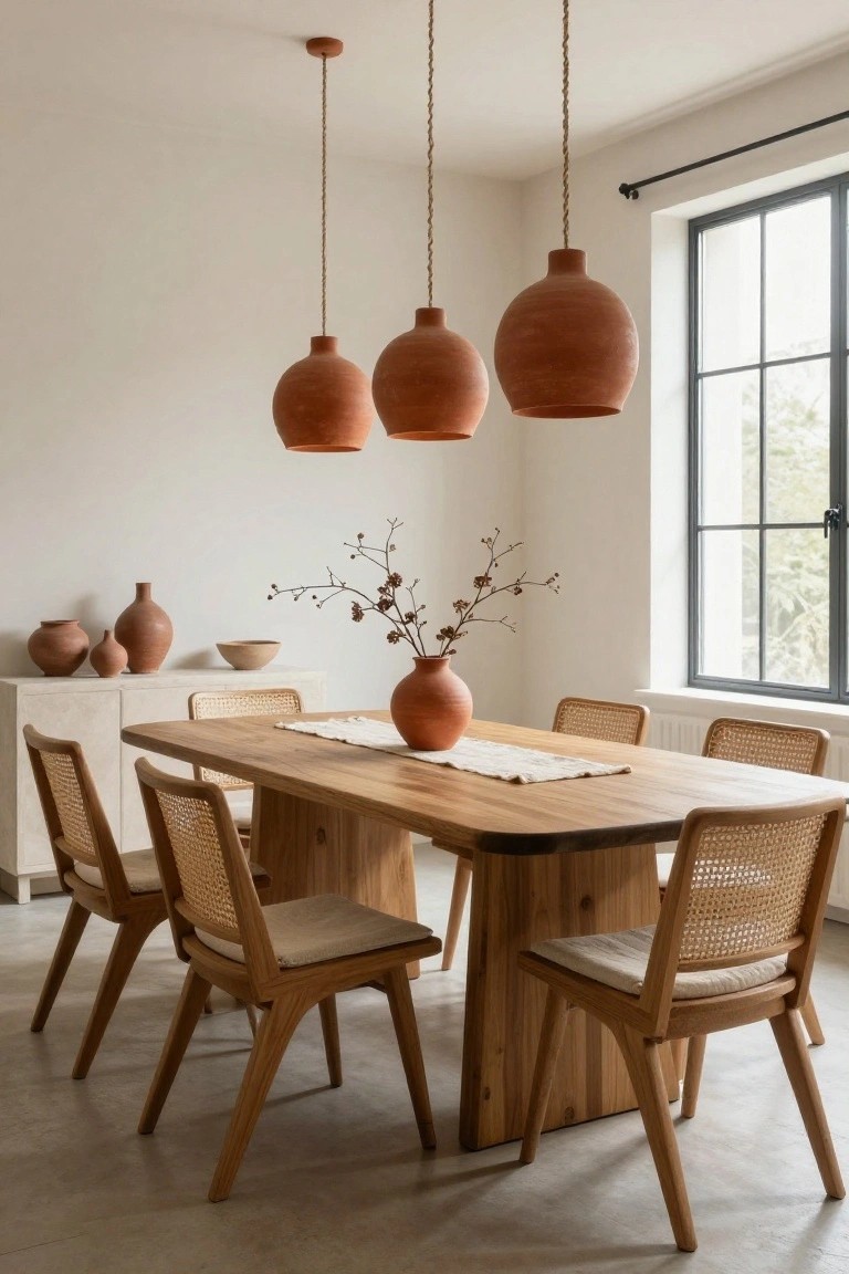 A minimalist dining room with a rectangular wooden table, rattan chairs with cushions, three hanging terracotta pendant lights above the table, clay vases on a sideboard, and a large black-framed window.