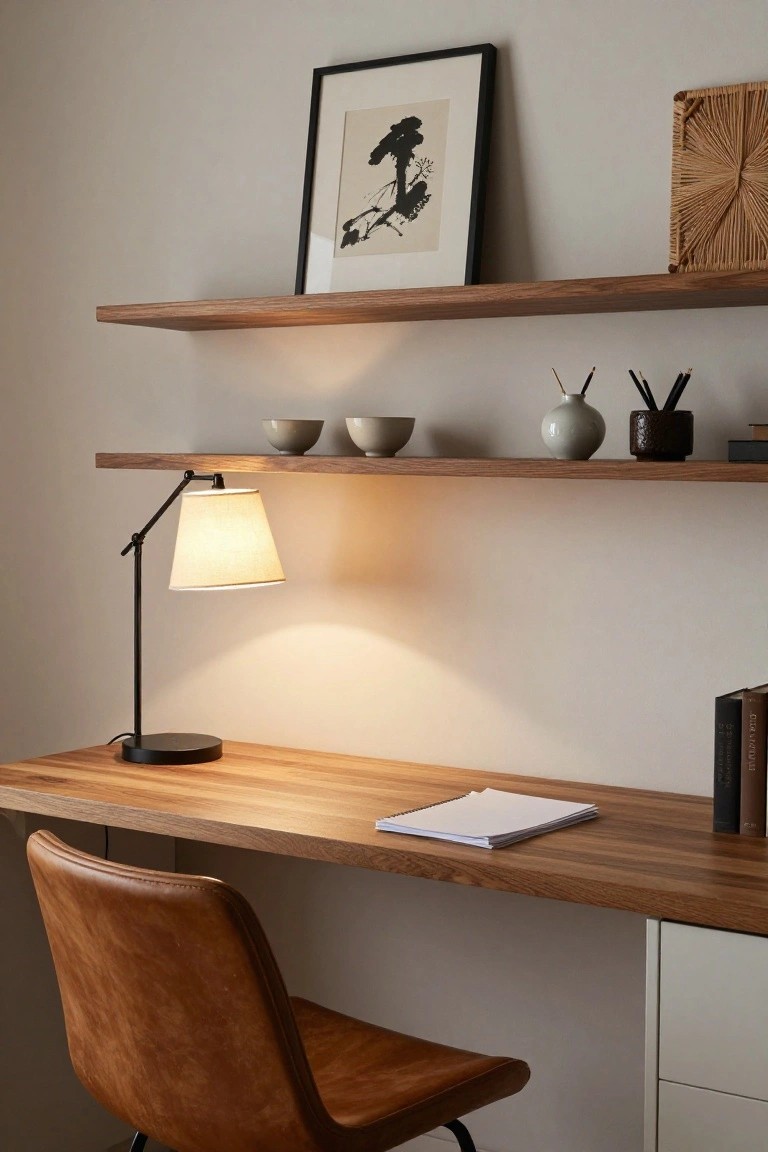Wooden desk with open notebook and adjustable black desk lamp turned on emitting warm light, tan leather chair, floating oak shelves holding ceramic bowls vase pens and framed ink artwork, white wall-mounted cabinet beside, in a light gray room.