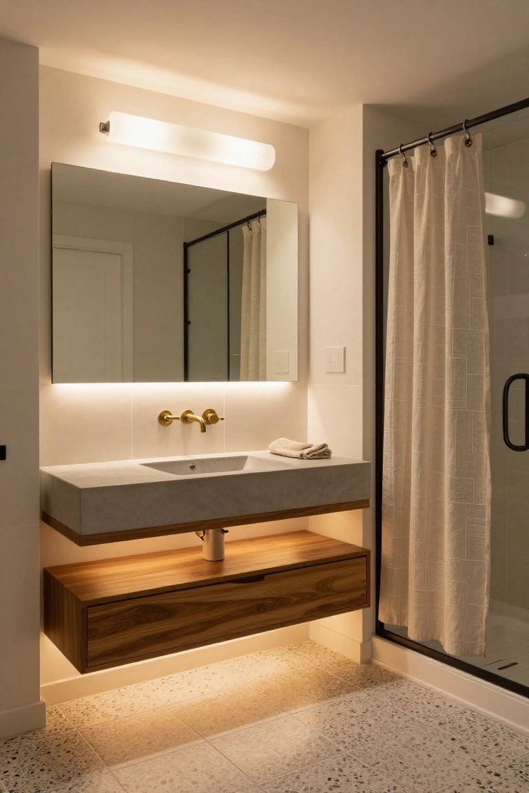 Modern bathroom featuring a floating concrete vanity with wood drawer cabinet below, backlit rectangular mirror above, gold faucet, wall sconce light, and glass shower enclosure with beige shower curtain.