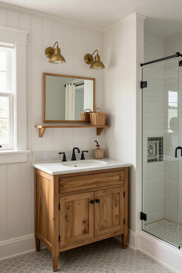Bathroom with white shiplap walls, wooden vanity cabinet holding white marble sink, oval wood-framed mirror on floating shelf with wicker basket, two brass wall sconces, and clear glass shower enclosure with subway tile.