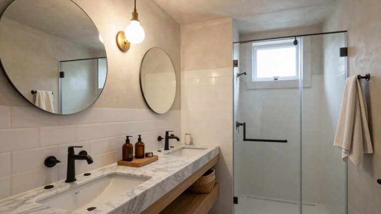 23 Beautiful Bathroom Lighting Ideas Ceiling Styles People Love Modern bathroom with floating white marble vanity on oak base, large round black mirror, gold pendant light hanging from ceiling over sink, matching wall sconce, glass shower enclosure with white subway tiles, and woven basket on floor.