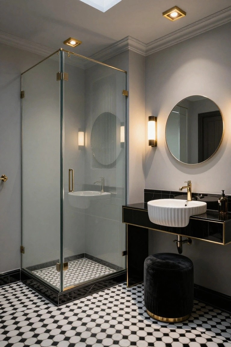 Modern bathroom interior featuring a glass shower enclosure, black and white octagonal floor tiles, white fluted sink on black vanity with gold faucet, round mirror, gold wall sconces, and square gold recessed ceiling lights.