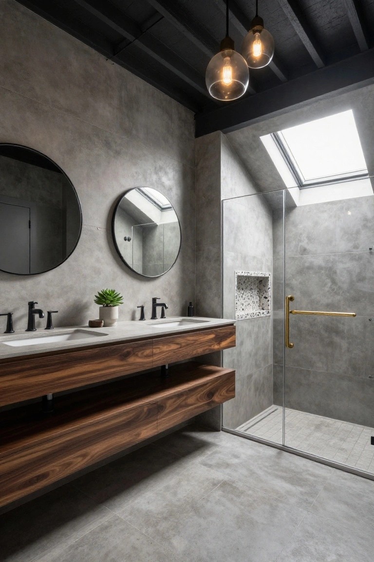 Modern bathroom interior with gray concrete walls and floor, double wood vanity with white sinks and black faucets, two round black-framed mirrors, glass shower enclosure, potted plant on vanity, two hanging glass globe pendant lights from black exposed ceiling beams, and a skylight in the ceiling.