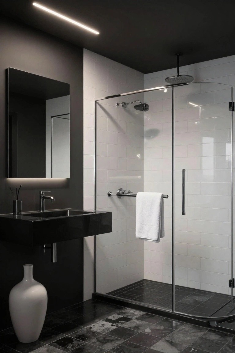 Modern bathroom interior with dark gray walls, white subway tile shower enclosure, black wall-mounted sink, tall white vase on black marble-look floor, and slim linear LED light strips along the ceiling edge and under the mirror.