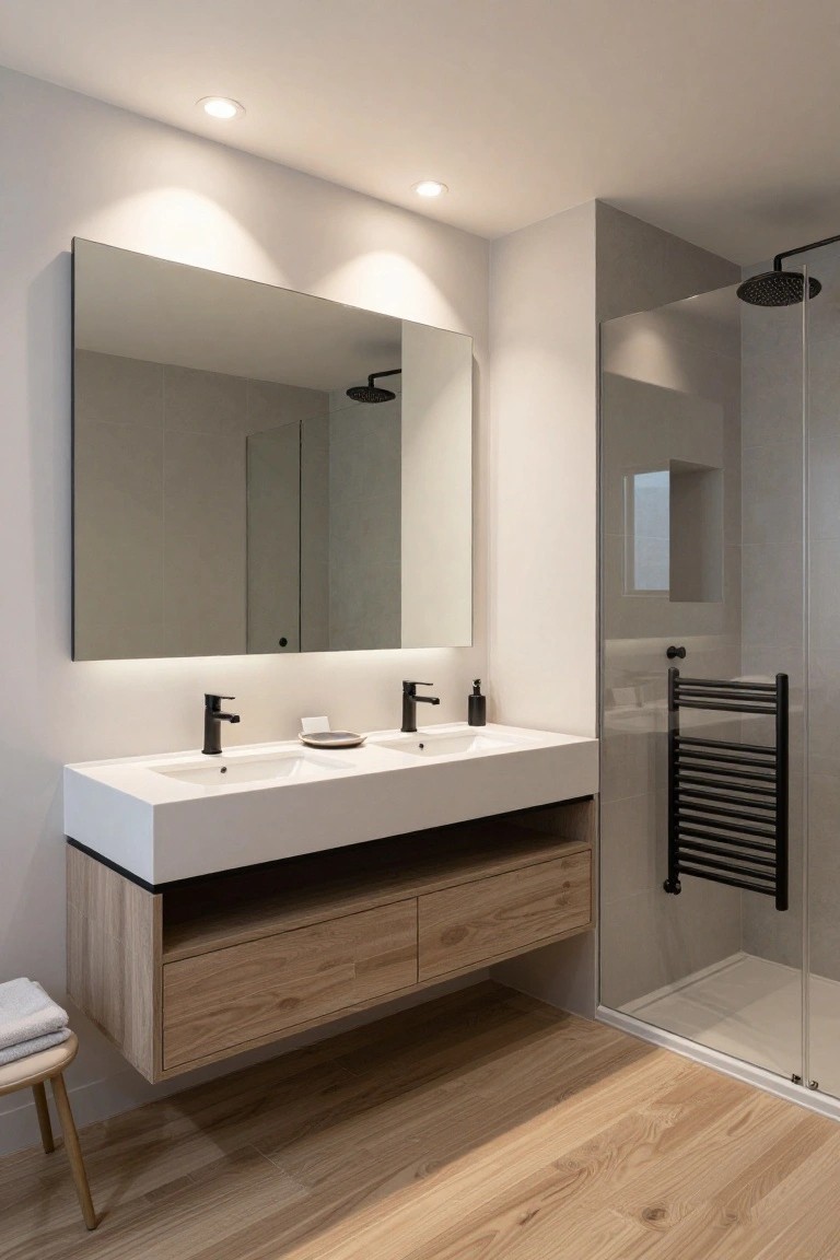 Modern bathroom interior featuring a floating white quartz vanity with two black faucets, large frameless mirror with backlighting, glass shower enclosure with black rain showerhead, wooden towel ladder, and two recessed ceiling lights.