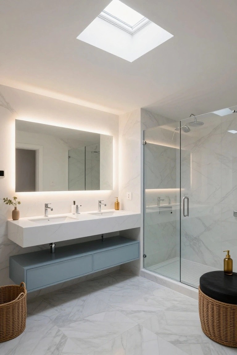 Modern bathroom interior with white marble tile floor and walls, floating white double vanity with blue cabinets and backlit mirror, glass shower enclosure, skylight in ceiling, potted plant, wicker basket, and round stool.